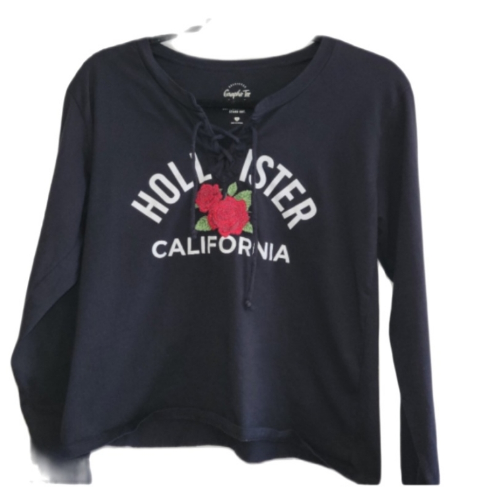 HOLLISTER LONG SLEEVED T SHIRT ROSE LOGO BLACK SIZE S
